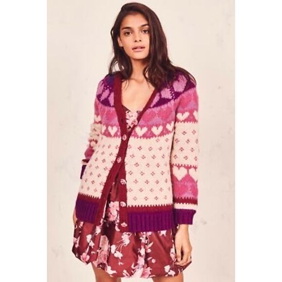 LoveShackFancy Deena Cardigan Sweater Prune heart flower wool alpaca size small - Picture 2 of 14